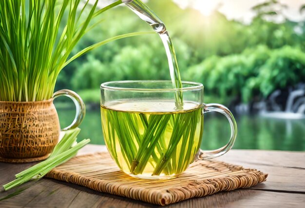 a cup of green tea is poured into a glass