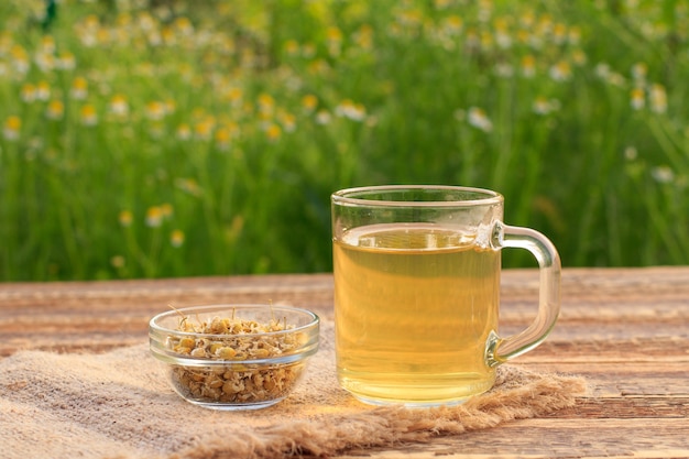 Photo cup of green tea and little glass bowl with dry flowers of matricaria chamomilla on wooden boards with fresh flowers on the background.