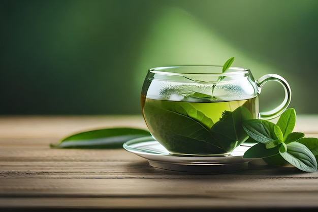 A cup of green tea sits on a wooden table with a green background and a green leaf on the right.