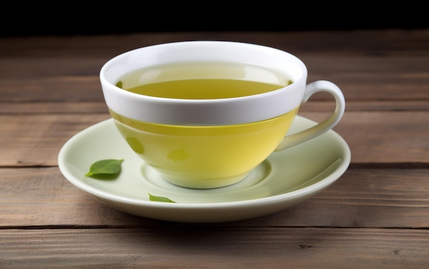 Чашка зеленого чая стоит на деревянном столе.
