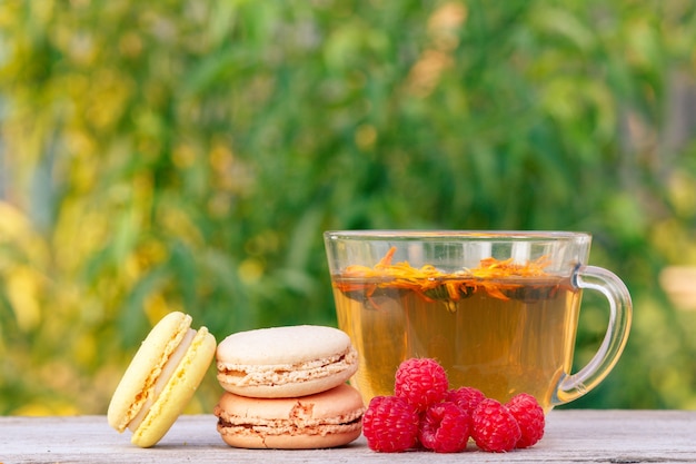 Cup of green tea with calendula flowers, delicious macaroons cakes, and fresh raspberries.