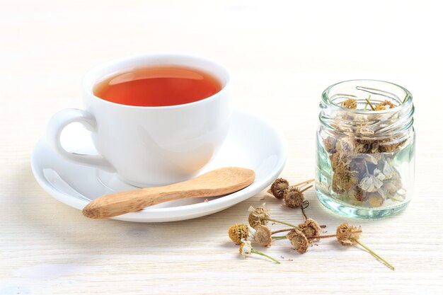 A cup of green tea with chamomile in a jar and a wooden spoon