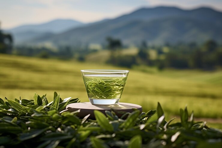 Photo 一杯绿茶与田野绿色种植园山背景