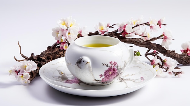 A cup of green tea with a floral design on the bottom.