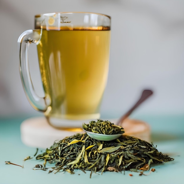 чашка зеленого чая с зелеными чайными листьями на заднем плане