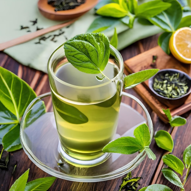 cup of green tea with green tea leaves in the background