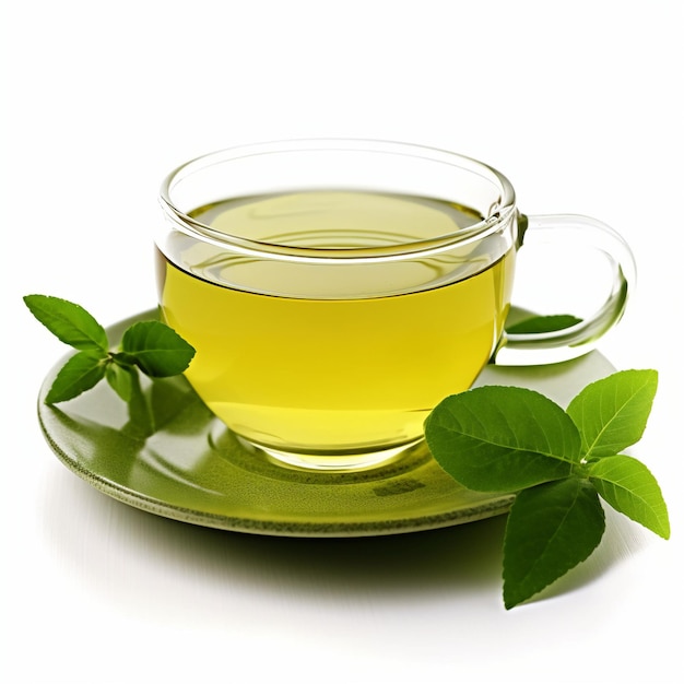 A cup of green tea with leaves on a white background