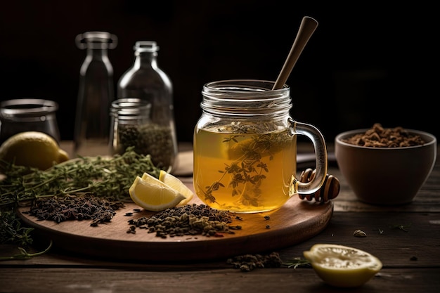 木製のテーブルの上にレモンとチミンの緑茶のカップハチミツとハーブの葉が入ったカップに熱いハーブティー AI が生成しました