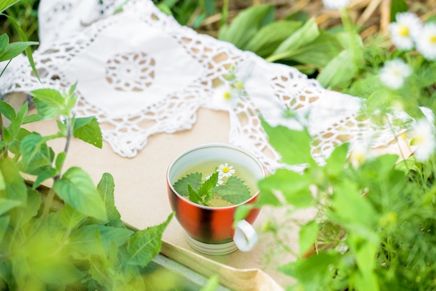 Cup of green tea with a mint leaf, flowers, in the garden.