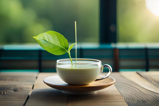 A cup of green tea with a sprig of mint on the top