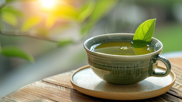 чашка зеленого чая на деревянном столе с листом и естественным фоном
