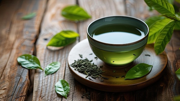 чашка зеленого чая на деревянном столе с листом и естественным фоном