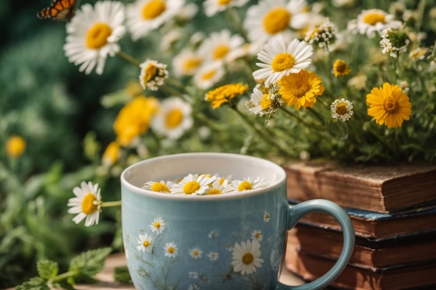 Photo cup of herbal chamomile tea with fresh daisy flowers on wooden background