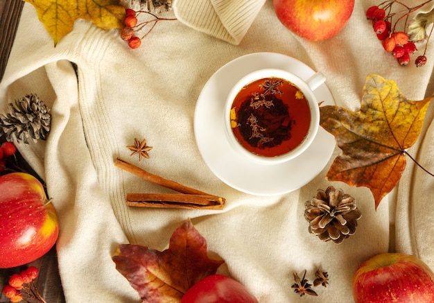 Una tazza di tè alle erbe di ibisco sullo sfondo di un maglione bianco lavorato a maglia con mele e foglie