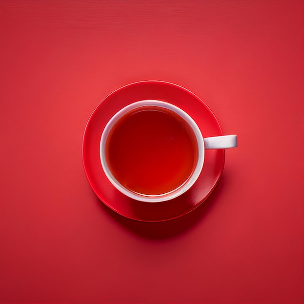 A cup of herbal tea on a red saucer on red background top view marketing illustration