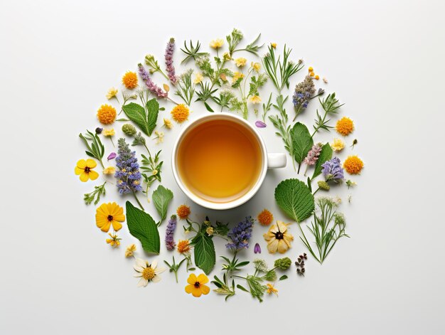 a cup of herbal tea on a white background