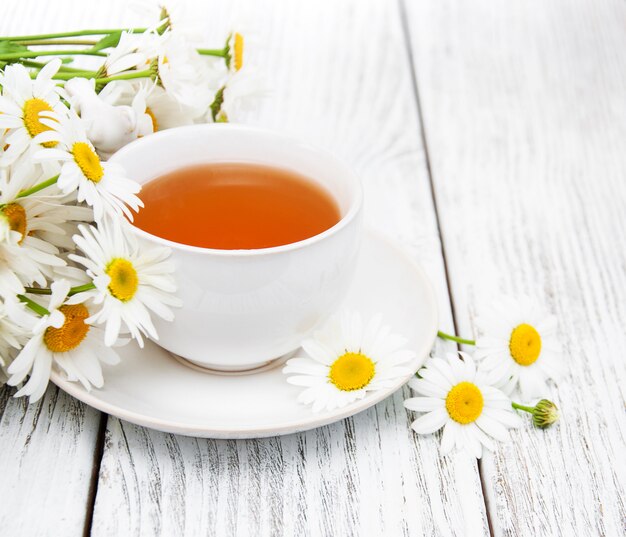 Cup of herbal tea with chamomile flowers