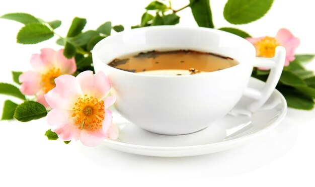 Cup of herbal tea with hip rose flowers isolated on white