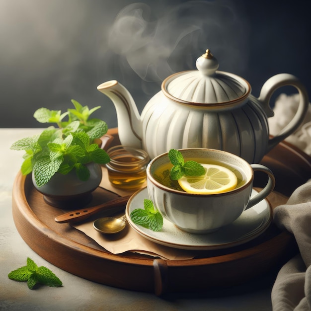 Photo cup of herbal tea with lemon and mint