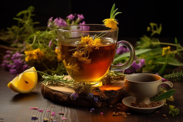 Cup of herbal tea with various herbs