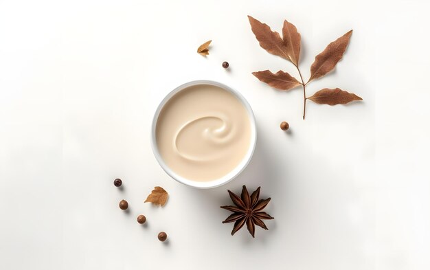 A cup of homemade yogurt with anise and anise star anise on a white background.