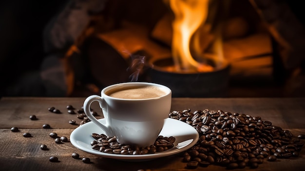 Photo a cup of hot aromatic coffee against the backdrop of a burning fireplace