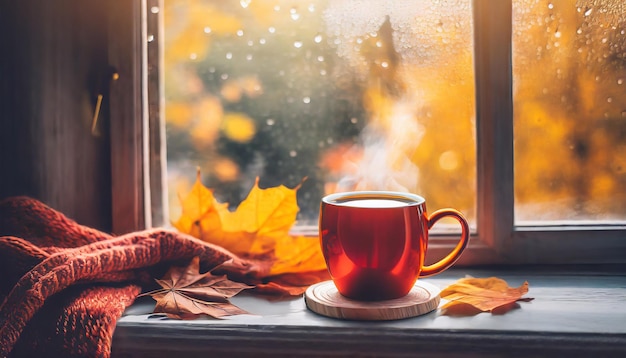 Photo cup of hot autumn coffee or tea on the window living in hygge style hot drink in cold autumn fall we...