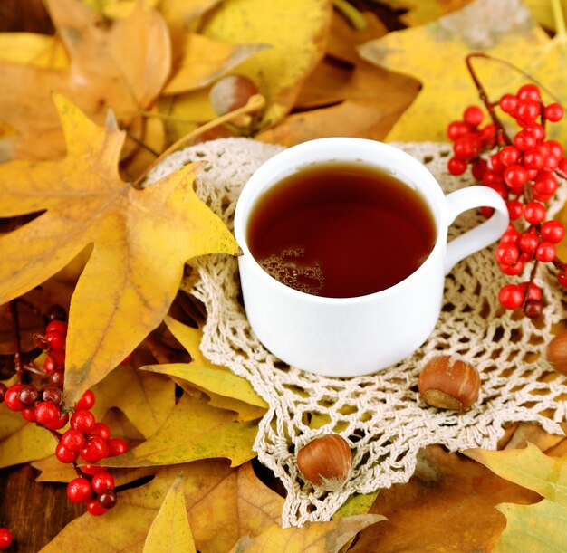 Cup of hot beverage on yellow leaves background