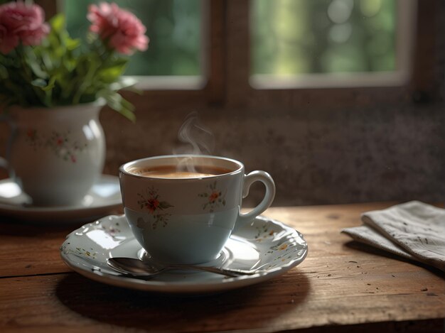 テーブルの上にあるクリームで熱く造されたコーヒーのカップ背景に花の花瓶