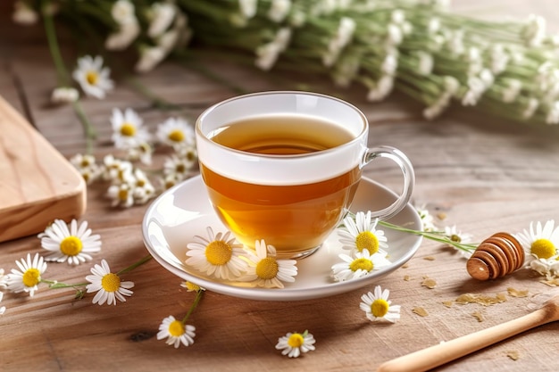 Cup of hot chamomile tea on light wooden background Generative AI