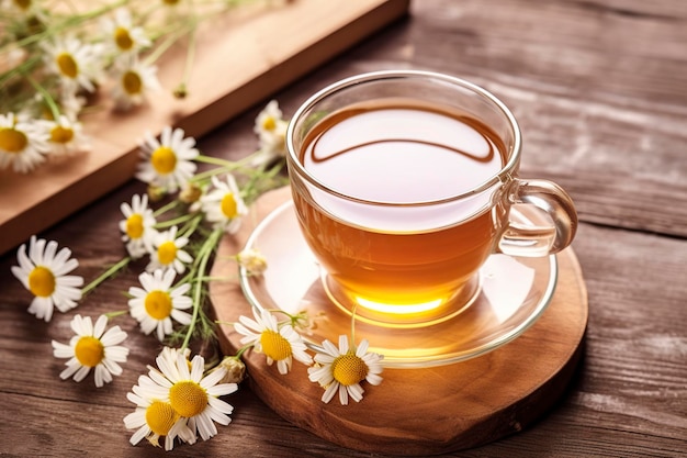 Cup of hot chamomile tea on light wooden background Generative AI