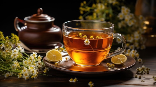 Cup of hot chamomile tea on wooden table