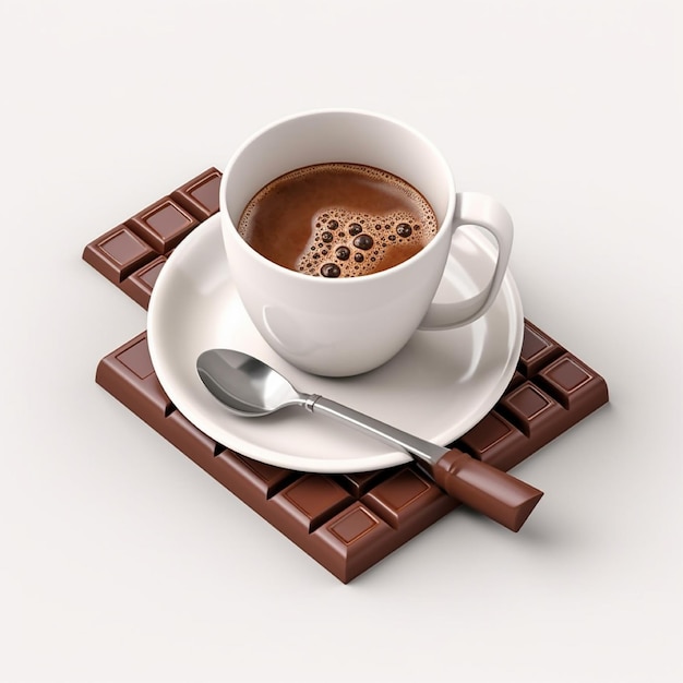 A cup hot chocolate and Chocolate bar on white background AI generated