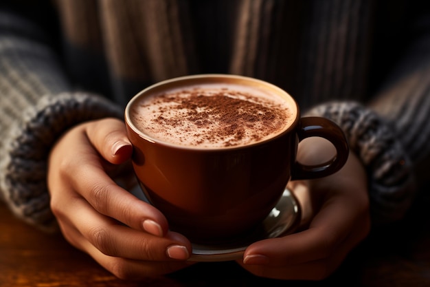 cup of hot chocolate in female hands closeup