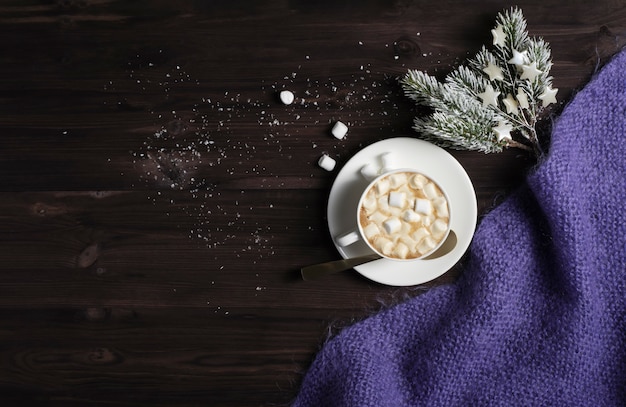 Una tazza di cioccolata calda, una coperta lavorata a maglia e rami di abete rosso su uno sfondo di legno scuro con neve.