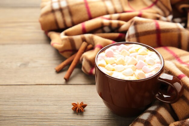 Tazza di cioccolata calda e marshmallow con bastoncini di cannella