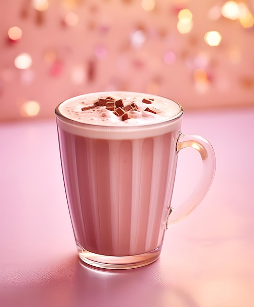 Чашка горячего шоколада розовый фон генеративный ай