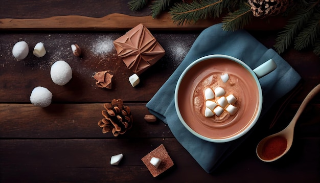 Cup of hot chocolate on rustic table from above Deli 3jpg