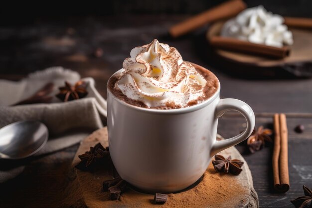A cup of hot chocolate topped with whipped cream and a sprinkle of cinnamon