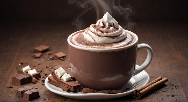 a cup of hot chocolate with chocolate on it and a chocolate chip cookie on the side