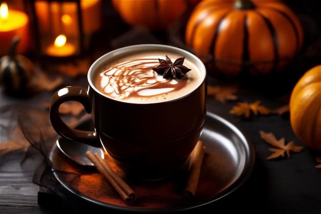 cup of hot chocolate with cinnamon and mini pumpkins with autumn background