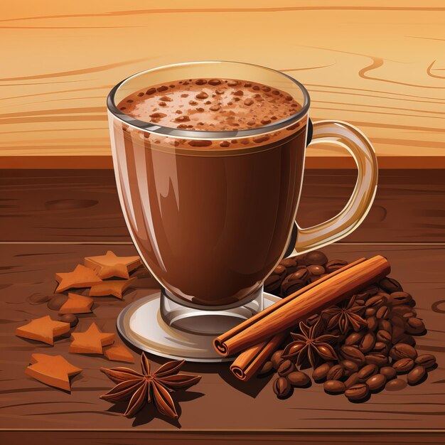 Photo a cup of hot chocolate with cinnamon and star anise on a wooden table