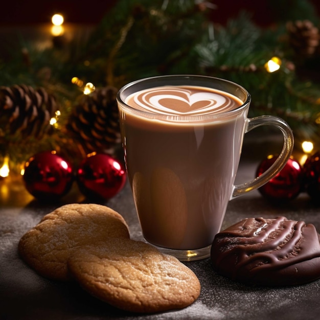 Cup of hot chocolate with cookies and christmas tree on background