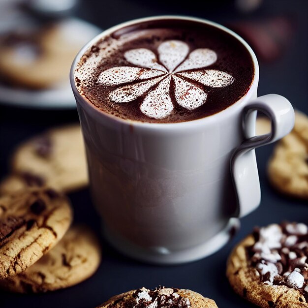 A cup of hot chocolate with a flower design on it