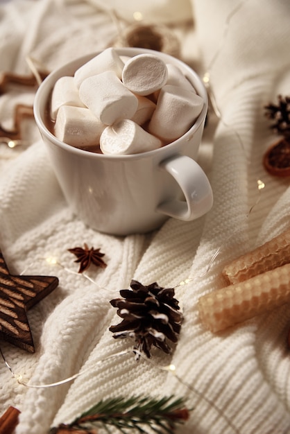Cup of hot chocolate with a marshmallow and christmas decorations