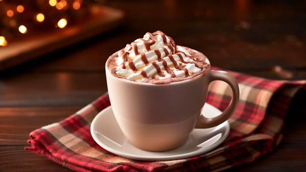 Cup of hot chocolate with marshmallow on wooden table