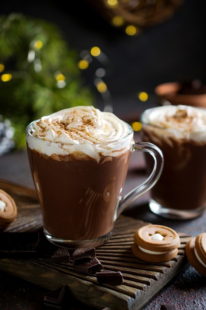 Cup of hot chocolate with marshmallows and biscuits