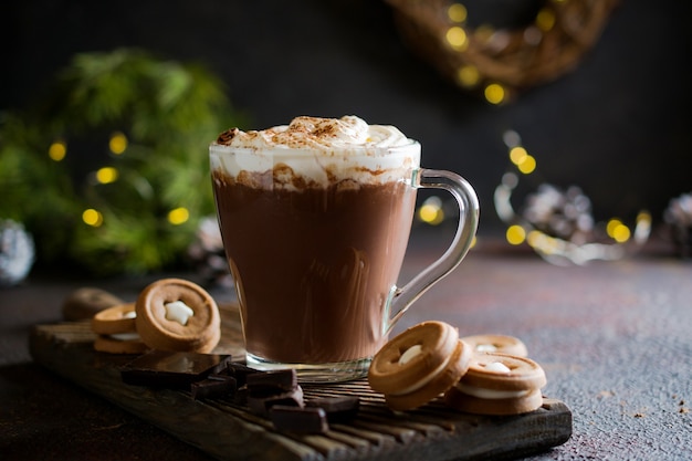 Cup of hot chocolate with marshmallows and biscuits