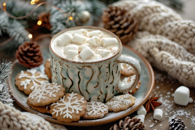 A cup of hot chocolate with marshmallows and cookies