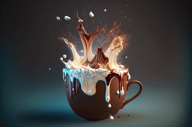 Cup of hot chocolate with marshmallows and flowing chocolate splash created with generative ai